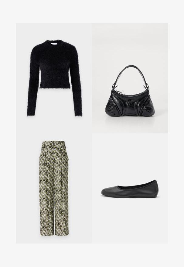 Suéter negro, corto, con mangas largas, hecho de un material suave y esponjoso. Presenta un escote redondeado y una superficie texturizada.; Diane von Furstenberg BELLINI PANTS - Pantalones - green; Bailarina de piel negra con punta redondeada, textura suave, detalle de costura minimalista y diseño de suela flexible.; Bolso negro de piel texturizada con forma redondeada. Cuenta con una fina correa para el hombro y patrones decorativos en relieve.