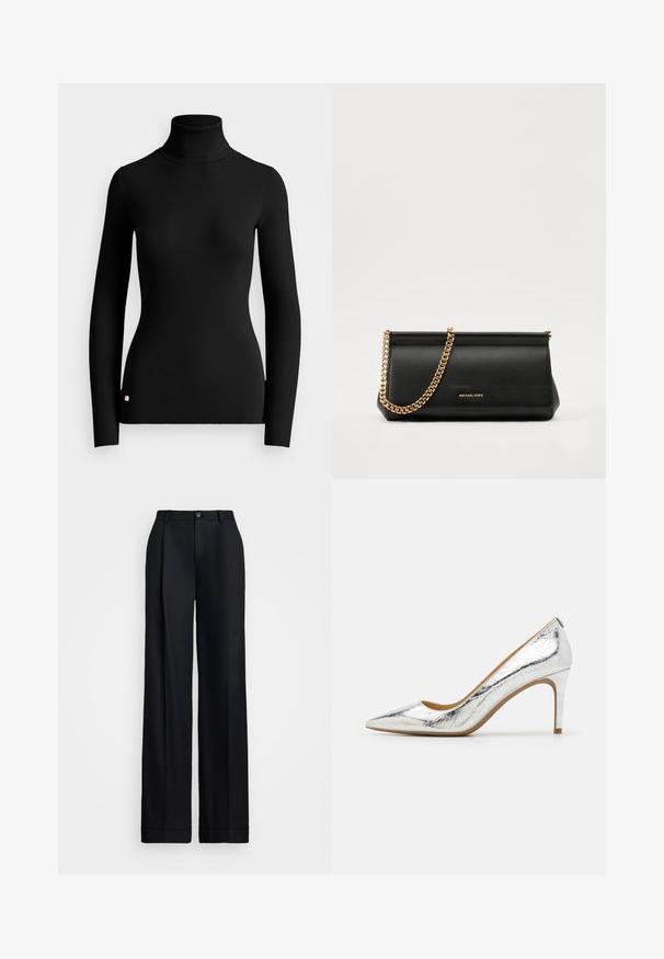Juodas raštuotas megztinis su aukštu kaklu ir ilgomis rankovėmis, prigludęs dizainas, ir mažas auksinis akcento logotipas ant apatinės krašto. Minkšta, tekstūruota medžiaga.; Juoda plati kelnė su lygiu paviršiumi, plokščiu priekiu, diržo kilpos ir vienu mygtukiniu užsegimu juosmens. ; Sidabriniai metaliniai bateliai su aštria nosimi, turintys lygaus paviršiaus tekstūrą, 10 cm aukščio kulną ir subtilų raukšlių raštą paviršiuje.; Juodas odinis delninukas su auksine grandine, turintis lygų paviršių, stačiakampį išmatavimą ir įspaustą prekės ženklą priekyje.