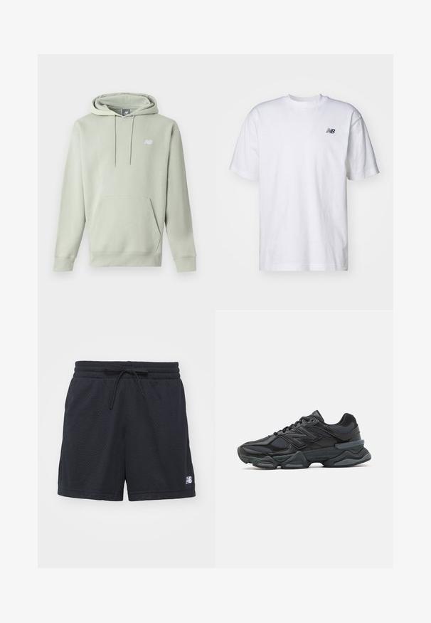 New Balance SPORT ESSENTIALS HOODIE UNISEX - Mikina - green; Biele tričko s krátkym rukávom a okrúhlym výstrihom s malým čiernym logom New Balance na ľavej hrudi na jednoduchom pozadí.; Čierne atletické šortky z priedušnej sieťoviny s elastickým pásom a šnúrkou na stiahnutie, na dolnej pravej strane s malým bielym logom.; Čierna bežecká obuv so zmesou sieťoviny a syntetických materiálov, robustnou podrážkou, zakriveným dizajnom a výrazným logom na boku.