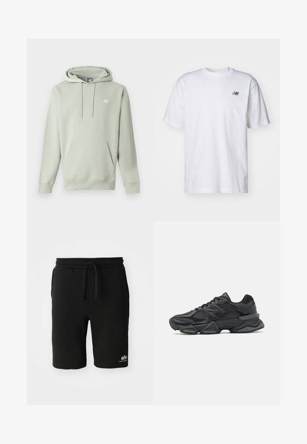 New Balance SPORT ESSENTIALS HOODIE UNISEX - Sweatshirt - green; Weißes T-Shirt mit kurzen Ärmeln und Rundhalsausschnitt, mit kleinem schwarzen New Balance-Logo auf der linken Brust vor einem einfarbigen Hintergrund.; Schwarze Baumwollshorts mit einem elastischen Bund, Kordelzug, Seitentaschen und einem weißen Logodetail am unteren Saum. Glatte Textur.; Schwarzer Laufschuh mit einer Mischung aus Mesh- und sinthetischen Materialien, dicke Sohle, geschwungenes Design und auffälliger Markenkennzeichnung an der Seite.
