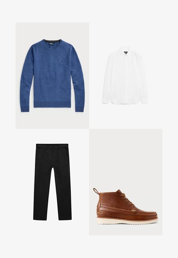 Polo Ralph Lauren WOOL CREWNECK SWEATER - Stickad tröja - tide pool blue heather; Vit långärmad skjorta i slät väv, med knäppning framtill, spetsig krage och rundad nederkant med knappade manschetter.; Svarta bomullsbyxor med rak benform, framfickor och ett klassiskt knappstängningssystem med blixtlås. Slät textur, skräddarsydd passform.; Brun läderankelboot med krämfärgad gummisula, snörning framtill, moc toe-söm och dragflik bak, visad i profil på vit bakgrund.