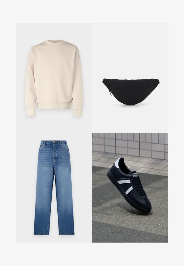Beige sweatshirt in een relaxte pasvorm, met een ronde hals, lange mouwen, ribgebreide manchetten en zoom. Gladde textuur met minimale versiering.; Blauwe denim jeans met een hoge taille, rechte snit, knoopsluiting en vijf zakken. Kenmerkt zich door een vervaagde wassing en zichtbare stiksel-details.; Zwarte leren sneaker met witte strepen, een gestructureerde rubberen zool en vetersluiting aan de voorkant. Voorzien van een merklabel op de tong.; Zwarte stof heuptas met een afgeronde vorm, voorzak met rits en een gladde textuur. Geen zichtbare patronen of accenten. Lichtgewicht ontwerp.
