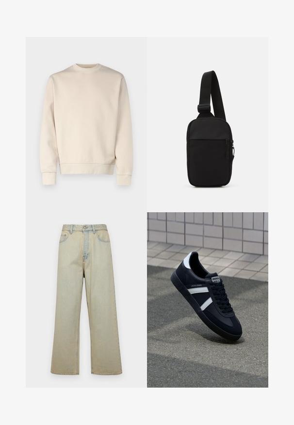 Beige pulóver laza fitben, kerek nyakkal, hosszú ujjakkal, bordázott mandzsettával és szegéllyel. Simaszerkezet, minimális díszítéssel.; Világoskék, bővítettnadrág, amely denimből készült, elhasználódott hatású. Öt zsebe és elülső gombzárása van.; Fekete bőr sportcipő fehér csíkokkal, textúrált gumitalppal és fűzős elejével. A nyelvén márkás címke található.; Fekete keresztpántos táska, tartós anyagból készült, egy állítható pánttal, cipzáras főrekesszel és elülső zsebbel.