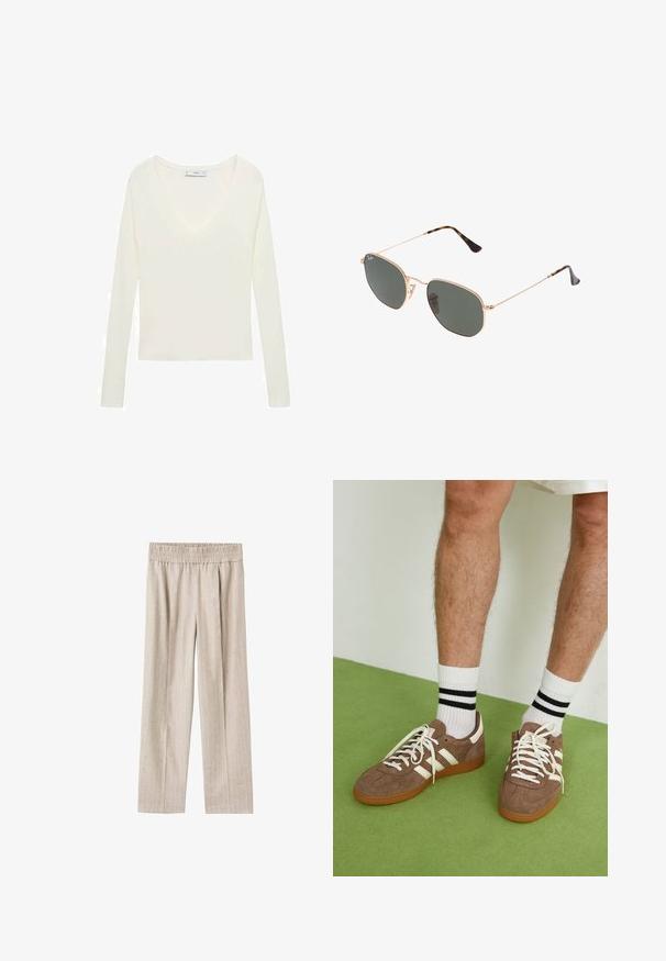 Top alb cu mânecă lungă, decolteu adânc în formă de V, textură cu nervuri pe umeri și design ajustat. Eticheta este vizibilă la decolteu.; Pantaloni largi de culoare bej deschis, confecționați dintr-un material texturat cu dungi verticale subtile, având un talie elastică pentru confort.; Adidași maro din suede cu accente și șireturi albe. Talpă din cauciuc de culoare caramel. Purtați cu șosete albe cu dungi negre. Pardoseală verde texturată.; Ochelari de soare cu ramă din metal auriu și lentile de culoare verde închis, stil aviator, cu brațe subțiri și accente din fâscă pe vârfuri.