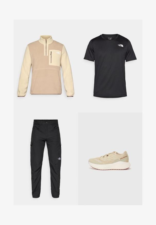 Sudadera de felpa en marrón y crema con cuello de media cremallera, bolsillo en el pecho delantero con cremallera y acento de logo en el bolsillo. Textura suave.; Camiseta negra de manga corta hecha de tejido texturizado, con un pequeño logotipo blanco en la parte superior izquierda del pecho, escote redondo.; The North Face HORIZON PANT - Pantalones montañeros largos - black; Zapatillas de running beige con parte superior de malla texturizada, diseño con cordones, cuello acolchado y una entresuela blanca que presenta una suela con patrón.