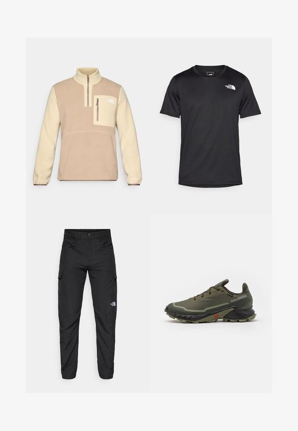 Pull en polaire marron et crème avec col zippé mi-hauteur, poche poitrine avant avec fermeture éclair et accent logo sur la poche. Texture douce.; T-shirt noir à manches courtes en tissu texturé, avec un petit logo blanc sur la partie supérieure gauche de la poitrine, encolure ronde.; The North Face HORIZON PANT - Pantalons outdoor - black; Baskets de course vert olive avec un dessus en tissu texturé, semelle en caoutchouc noire, bout arrondi et design à lacets ajustables. Présente un accent rouge.