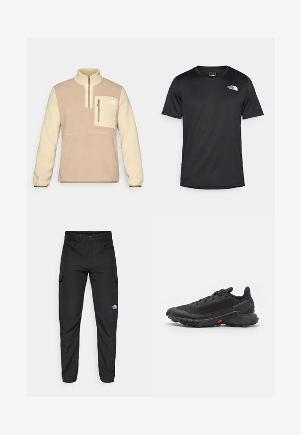Pull en polaire marron et crème avec col zippé mi-hauteur, poche poitrine avant avec fermeture éclair et accent logo sur la poche. Texture douce.; T-shirt noir à manches courtes en tissu texturé, avec un petit logo blanc sur la partie supérieure gauche de la poitrine, encolure ronde.; The North Face HORIZON PANT - Pantalons outdoor - black; Baskets de trail running noires avec une tige respirante, un tissu texturé, un accent rouge sur la semelle et un profil de semelle agressif pour l'adhérence.