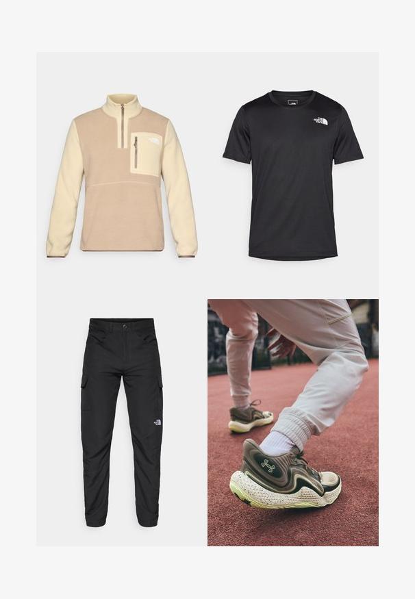 Pullover in pile marrone e crema con colletto a mezza zip, tasca frontale sul petto con zip e logo accattivante sulla tasca. Texture morbida.; T-shirt nera a maniche corte realizzata in tessuto testurizzato, con un piccolo logo bianco nella parte superiore sinistra del petto, colletto rotondo.; The North Face HORIZON PANT - Pantaloni outdoor - black; Under Armour SPAWN 6 MID - Scarpe da basket - taupe dusk/black/retro green