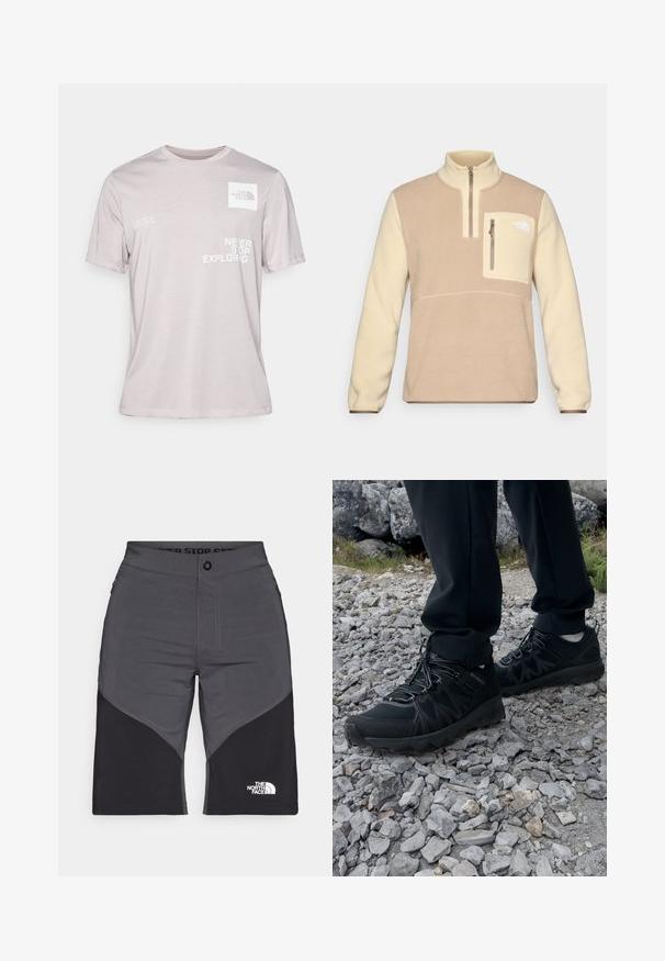 Flis svetrovka v rjavi in kremni barvi s pol-zadrgo, sprednjim žepom na prsih z zadrgo in logotipom na žepu. Mehka tekstura.; Svetlo siva bombažna majica s kratkimi rokavi, ki vključuje logotip na levi strani prsnega dela in natisnjen besedilo: "NIKOLI NE NEHAJ RAZISKOVATI," ter koordinate.; Sive in črne kratke hlače s panelnim dizajnom, sprednjim gumbom in logotipom The North Face. Narejene so iz lahkotnega in trpežnega materiala.; Črne zunanje čevlje iz mrežastega in sintetičnega materiala, s teksturiranim zgornjim delom, zavarovanim sistemom vezalk in trdim podplatom, na skalnatem terenu.