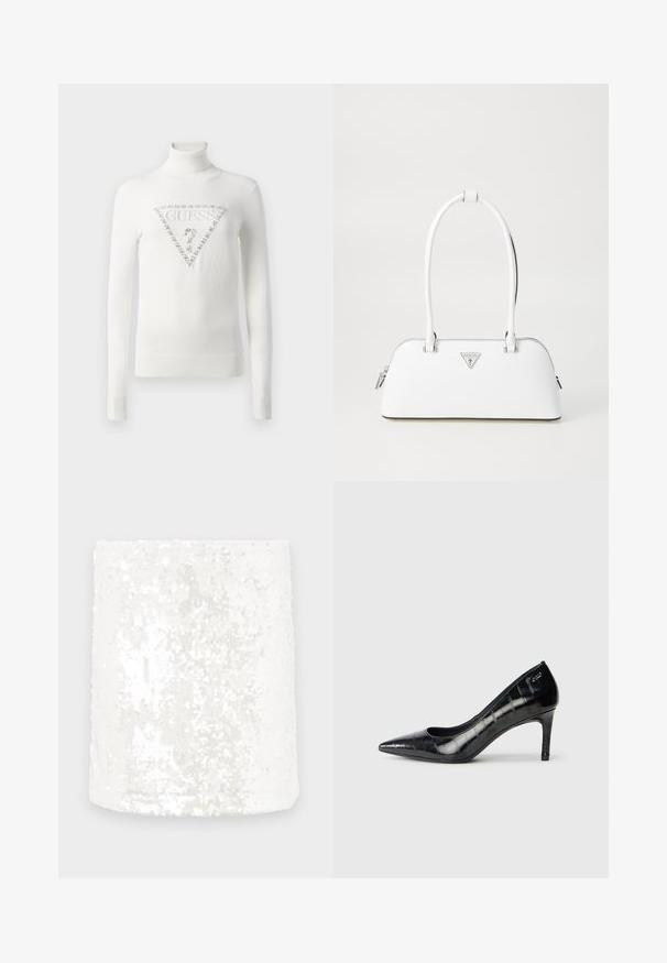 Maglione bianco a collo alto con polsini e orlo a coste, caratterizzato da un logo triangolare Guess ornato di cristalli con un punto interrogativo sul davanti.; Tessuto a tubo bianco con paillettes, dalla superficie liscia. Le paillettes riflettono la luce, creando un effetto scintillante. I bordi sono rifiniti in modo ordinato.; Décolleté nere con punta affusolata, finitura lucida e un sottile motivo testurizzato. Presentano un tacco moderato e un design con apertura sulla parte superiore.; Borsa a mano bianca in pelle con forma curvola, dotata di un logo triangolare argentato e chiusura con zip. Texture liscia e manici doppi.