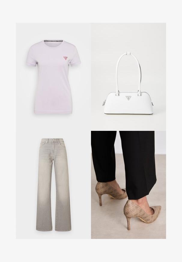 Witte coltrui met geribbelde manchetten en zoom, voorzien van een met kristallen versierde driehoekige Guess-logo met een vraagteken aan de voorkant.; Guess MINI TRIANGLE TEE - T-shirt basic - new light lilac; Grijze wijde jeans met een vervaagde afwerking, knoopsluiting, vijfzakkenontwerp en gestikte details langs de naden.; Beige hoge hakken met een gestructureerde stof met een herhalend patroon. Puntige neusontwerp met een achteraccent en gouden hakdetail.; Witte leren handtas met een gebogen vorm, voorzien van een zilveren driehoekig logo en ritssluiting. Gladde textuur en dubbele handvaten.