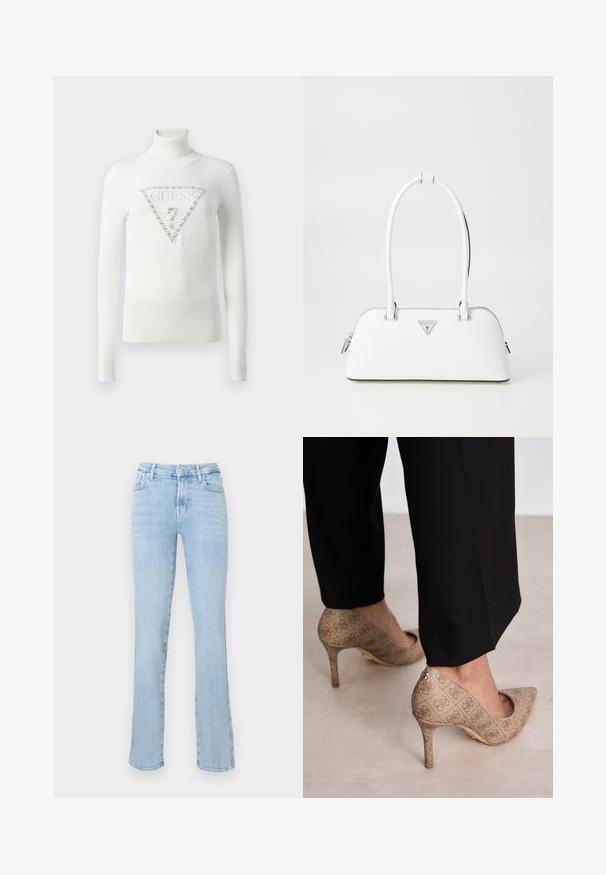 Bijela turtleneck sweater s rebrastim manžetama i rubom, sa kristalima ukrašenim trokutastim Guess logotipom s upitnikom na prednjoj strani.; Svijetloplave traperice visokog struka ravnog kroja s prednjim gumbom i patentnim zatvaračem, pet džepova i suptilnim izblijedjelim detaljima.; Bež cipele s visokom petom izrađene od teksturiranog materijala s ponavljajućim uzorkom. Dizajn s oštrim vrhom s pozadinskim naglaskom i zlatnim detaljem na peti.; Bijela kožna torba s zakrivljenim oblikom, sadrži srebrni trokutasti logo i zatvaranje na patentni zatvarač. Glatka tekstura i dvostruke ručke.