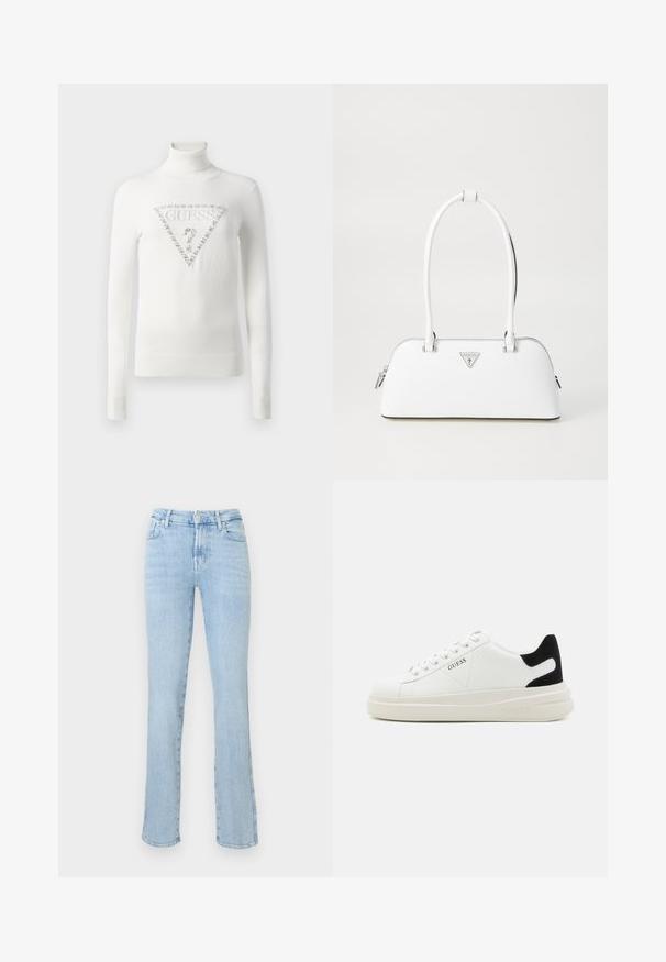 Biały sweter z golfem, z ribbowymi mankietami i dołem, ozdobiony kryształowym logo Guess w kształcie trójkąta z znakiem zapytania z przodu.; Jasnoniebieskie dżinsy o wysokim stanie, proste nogawki, z zamkiem błyskawicznym i guzikami z przodu, pięć kieszeni oraz delikatne przetarcia.; Białe skórzane sneakersy z grubą białą podeszwą, czarnym zamszowym akcentem na pięcie oraz wytłoczonym logotypem z boku. Projekt z sznurówkami i sześcioma dziurkami.; Biała skórzana torebka o zaokrąglonym kształcie, z srebrnym trójkątnym logo i zamkiem błyskawicznym. Gładka faktura i podwójne uchwyty.