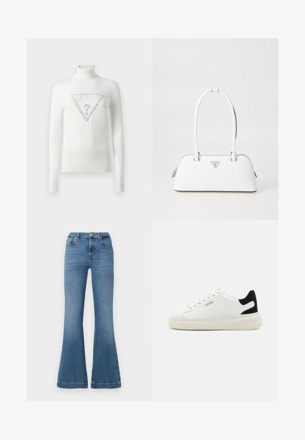 Valge kõrge kaelusega särk ribitud mansettide ja alumise servaga, millel on ees kristallidega kaunistatud kolmnurkne Guess logo koos küsimärgi sümboliga.; Sinised laiad teksad, mis on valmistatud denimist, kõrge vöökoht, viie tasku disain ja õrn pleekimine, nähtavad õmbluse detailid.; Valged nahast tennisetossud paksu valge tallaga, musta sametist kontsakeeuga ja külje peal riigilogo reljeefne kujundus. Lukkeskeem kuue silmaauguga.; Valge nahast käekott, millel on kumer kuju, hõbedane kolmnurkne logo ja lukk. Sile tekstuur ja kaks sangat.