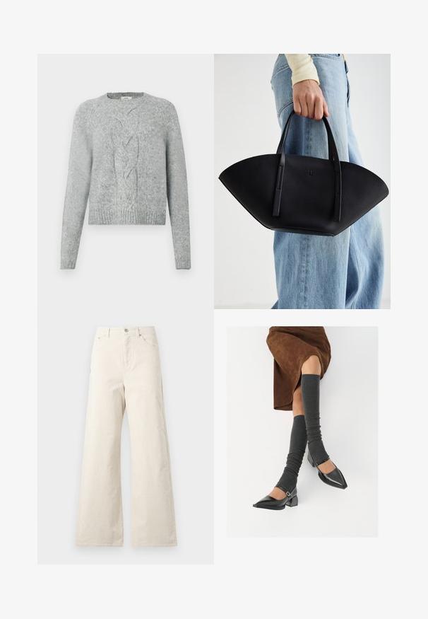 Suéter de punto gris claro con mangas largas, cuello redondo y un patrón de trenzado central en la parte delantera.; Pantalones de pernera ancha beige, hechos de algodón, con cierre de botón en la parte frontal, bolsillos laterales y una textura suave. Diseño minimalista sin patrones.; Zapatos de charol negros con punta afilada, tacón bloque y tira de tobillo, combinados con calentadores de piernas de canalé grises y una falda de ante marrón.; Bolso de mano de cuero negro con una forma de abanico única, que cuenta con asas planas. La superficie tiene una textura de grano y un diseño minimalista.
