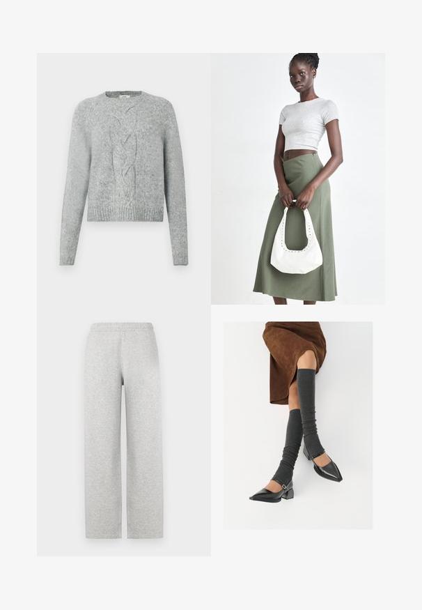 Lys grå strikket genser med lange ermer, rund hals og sentral flettestrikkmønster på forsiden.; Grå, myk stoff joggebukse med avslappet passform, elastisk midje og rette ben. Ingen synlige lommer eller tilleggselementer.; Sorte lakkpumps med spiss tå, blokkhel, og ankelstropp, kombinert med grå ribbestrikkede beinvarmere og et brunt semsket skinn skjørt.; Grå ribbet topp og olivengrønn høy midje skjørt. Modellen holder en hvit skulderveske med utskjæringsdetaljer. Enkelt design, tettsittende silhuett.