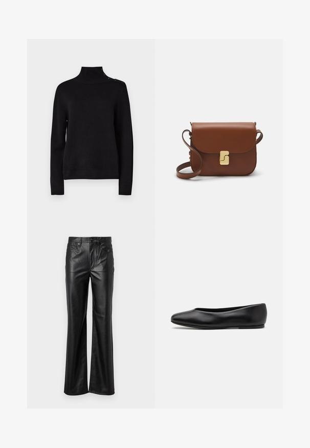 Schwarzer Rollkragenpullover mit langen Ärmeln, gerippter Textur und seitlichem Knopfdetail an der Schulter. Einfaches Design, keine sichtbaren Muster.; Schwarze Lederhosen mit geradem Bein, ausgestattet mit einem Knopfverschluss, Gürtelschlaufen und frontalen Taschen. Glatte Textur und minimale Details.; Paul Smith TOPANGA - Klassischer Ballerina - black; Braune Ledertasche mit Klappenverschluss, Beschlägen in Goldfarbe, einem Schultergurt und einer glatten Oberfläche. Kompakte rechteckige Form.