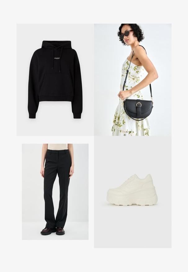 Czarna, krótka bluza z kapturem wykonana z mieszanki bawełny, z przednią kieszenią, kapturem ze sznurkiem i małym białym logo na klatce piersiowej. Miękka tekstura.; Czarne eleganckie spodnie o prostym kroju, wykonane z gładkiego materiału. Posiadają szlufki na pasek i płaski przód. Zestawione z ciemnymi botkami.; Białe sneakersy na platformie z gładkim, skórzano przypominającym wierzchem, zaokrąglonym kształtem, wyściełanym kołnierzem oraz teksturowaną gumową podeszwą z wyraźnym bieżnikiem.; Czarna skórzana torebka o zakrzywionym kształcie, z odpinanym paskiem i złotymi akcentami. Torebka posiada klapę z zapięciem w kształcie klamry.