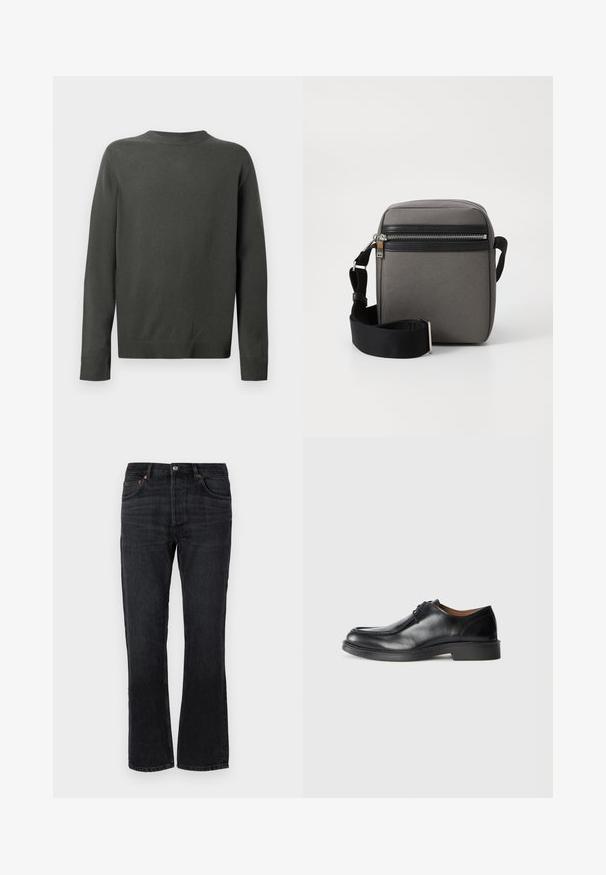 Tmavo zelený sveter s okrúhlym výstrihom, dlhými rukávmi a rebrovanými manžetami a lemom. Vyrobený z mäkkej, textúrovanej tkaniny. Zobrazený zadný pohľad.; Čierne džínsy z denimu so strihom rovného nohu, s piatimi vreckami a oranžovými prešívacími detailmi. Hladká textúra a minimálne vyblednuté detaily.; Čierne kožené spoločenské topánky s округlým špičkou, hladkým povrchom, šnúrkovými detailmi a nízkou, textúrovanou gumovou podrážkou. Čisté línie a minimalistický dizajn.; Sivá tkaninová crossbody taška s čiernou zipsovou kapsou, nastaviteľným popruhom a obdĺžnikovým tvarom. Má hladkú štruktúru a kovové hardvérové prvky.
