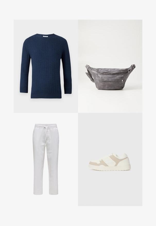 Le pull en tricot navy présente un motif côtelé texturé, un col rond et des manches longues. Fabriqué à partir d'un tissu doux avec une silhouette ajustée.; Pantalons blancs à enfiler avec une taille élastique et un cordon de serrage. Design à jambe droite en tissu lisse et léger sans motifs.; Baskets blanches et beiges présentant une combinaison de textures lisses et en daim, un bout rond, un système de laçage et une semelle en caoutchouc plate.; Sac banane en suède gris avec une forme arrondie, deux compartiments zippés et une sangle réglable. Comprend des accents en métal.