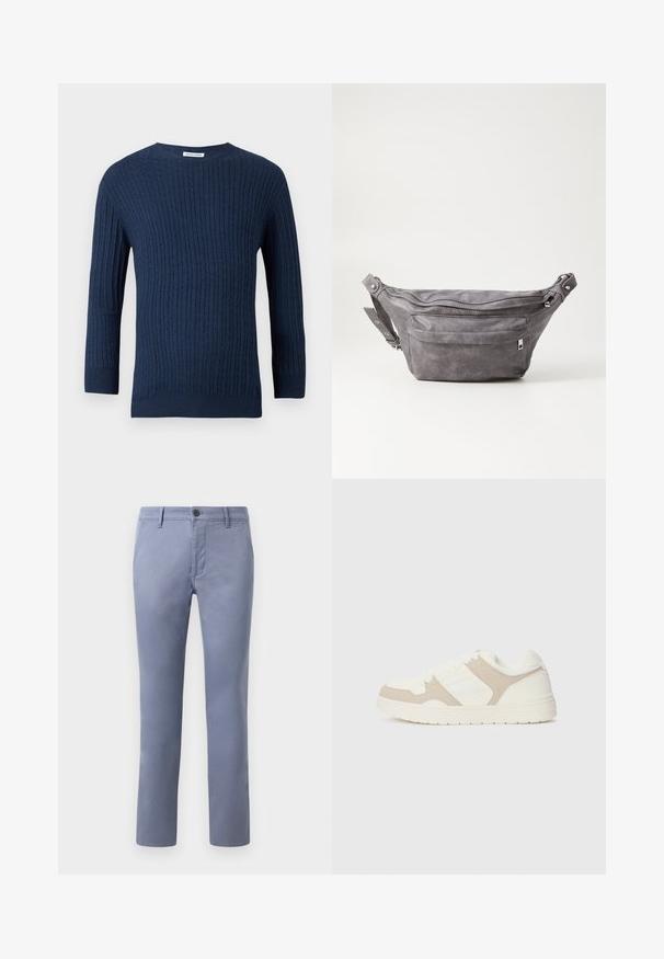 Marineblauwe gebreide trui met een textuur ribpatroon, een ronde hals en lange mouwen. Gemaakt van een zachte stof met een aansluitende pasvorm.; Lichtblauwe katoenen chinos met een slim fit, voorzien van een knoopsluiting, riemlussen en zijzakken, een gladde textuur en rechte pijpen.; Witte en beige sneaker met een combinatie van gladde en suède texturen, ronde neus, vetersluiting en een platte rubberen zool.; Grijze suède heuptas met een ronde vorm, twee met rits afgesloten compartimenten en een verstelbare band. Voorzien van metalen accenten.