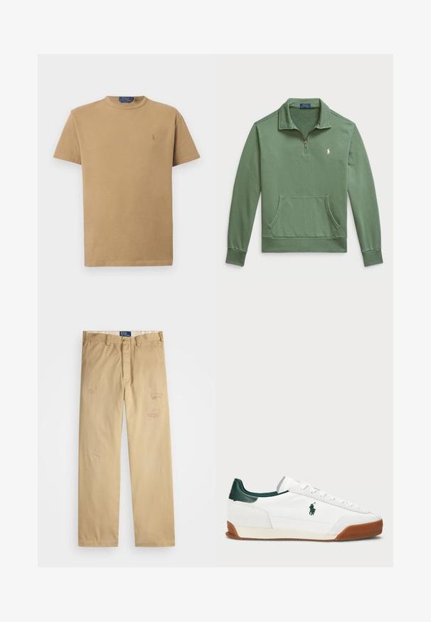 Green quarter-zip pullover with a textured collar, kangaroo pocket, and ribbed cuffs. Features a small white logo on the chest.; Brown cotton t-shirt with a crew neckline and short sleeves. Features a small embroidered logo on the left chest. Smooth texture.; Beige cotton pants with a straight cut. Features distressed patches and embroidery details on the front. Classic button and zipper closure.; White sneaker with green leather accents and a tan rubber sole. Features a fabric body and a prominent logo on the side. Laced design.