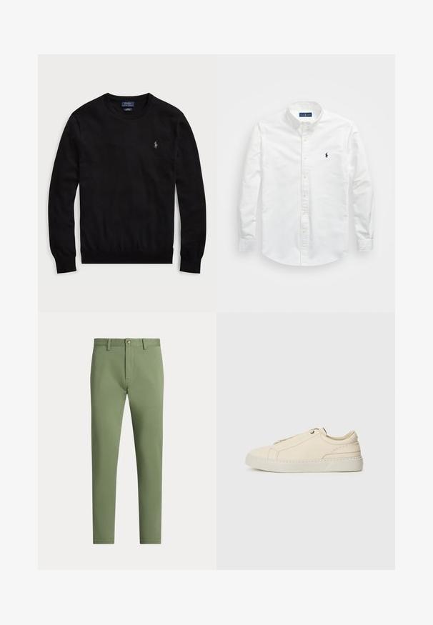 Sweater preto de algodão com mangas longas, punhos e barra canelados, decote redondo e pequeno logotipo bordado no peito. Design simples.; Camisa branca de botão, feita de algodão. Apresenta um colarinho pontudo, mangas longas e um pequeno logótipo azul-marinho no peito. Textura suave.; Calças verdes de algodão com corte slim, bolsos frontais, fecho de correr e botão de fecho. Textura lisa e design limpo e minimalista.; Sneakers de pele bege com biqueira arredondada, design minimalista, detalhes de costura subtis e parte superior texturizada, em sola clara.