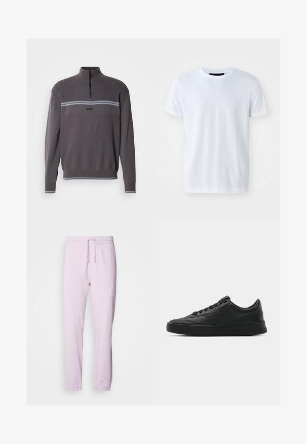 Gray quarter-zip sweater featuring a textured knit, horizontal blue stripes, and a front logo. Ribbed cuffs and hem provide structure.; White cotton t-shirt with short sleeves, round neck, and a smooth texture. Simple design, no patterns or visible hardware.; Light pink jogger pants made of cotton, featuring an elastic waistband with drawstring, cuffed ankles, and a subtle embroidered logo detail.; Black sneaker with smooth leather upper, round toe, flat laces, cushioned collar, and minimalistic design. Rubber sole with subtle tread pattern.