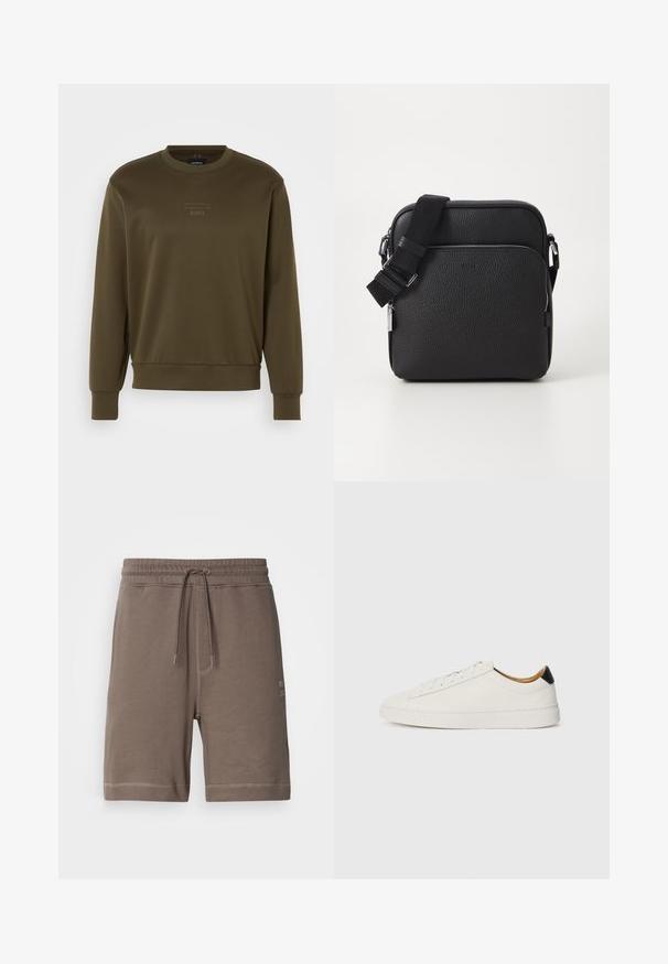 Olivově zelený svetr s kulatým výstřihem, žebrovanými manžetami a lemem. Obsahuje jemně reliéfní logo na hrudi. Hladká textilie.; Hnědé šortky z bavlněné směsi s elastickým pasem, nastavitelnou šňůrkou a bočními kapsami. Obsahují kontrastní švy a nášivku s logem.; Bílá teniska s hladkým koženým svrškem, kulatou špičkou a plochou podrážkou. Černý akcent na patě, se tónovými tkaničkami a minimalistickým logem.; Černá kožená kabelka přes rameno s texturovaným povrchem, přední kapsou na zip, nastavitelným popruhem a kovovými doplňky.
