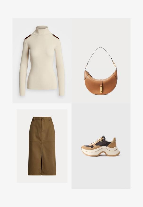 Suéter creme canelado de gola alta com mangas longas e detalhes em marrom escuro nos ombros. Design justo que destaca a forma e a textura do corpo.; Saia midi em algodão castanho com uma fenda frontal, dois bolsos laterais e detalhes de costura. Corte reto e design estruturado.; Sapatilhas com sola grossa em bege e castanho escuro com detalhes em camurça, atacadores brancos e um pequeno pingente dourado da MK na lateral.; Bolsa de couro castanho-claro com um formato curvado, detalhes em ouro e uma alça de ombro fina. Apresenta um fecho de zipper e um detalhe de logótipo na parte frontal.