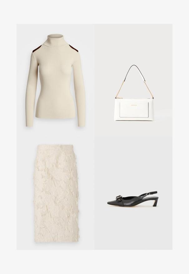 Rebrast pulover z visokim ovratnikom v kremni barvi, z dolgimi rokavi in temno rjavimi poudarki na ramenih. Prilagojena zasnova poudarja obliko in teksturo telesa.; Kremno obarvana svinčnik krilo z teksturirano, perjem podobno površino. Ima oprijet kroj in srednjo dolžino, primerno za različne priložnosti.; Črne usnjene slingback čevlje z ostrim nosom, majhnim petam in dekorativno sponko na zgornjem delu. Gladka tekstura, minimalistična zasnova.; Bela usnjena torbica z teksturirano površino, ki vključuje zlat pas in črne detajle. Ima sprednji žep in zadrgo.