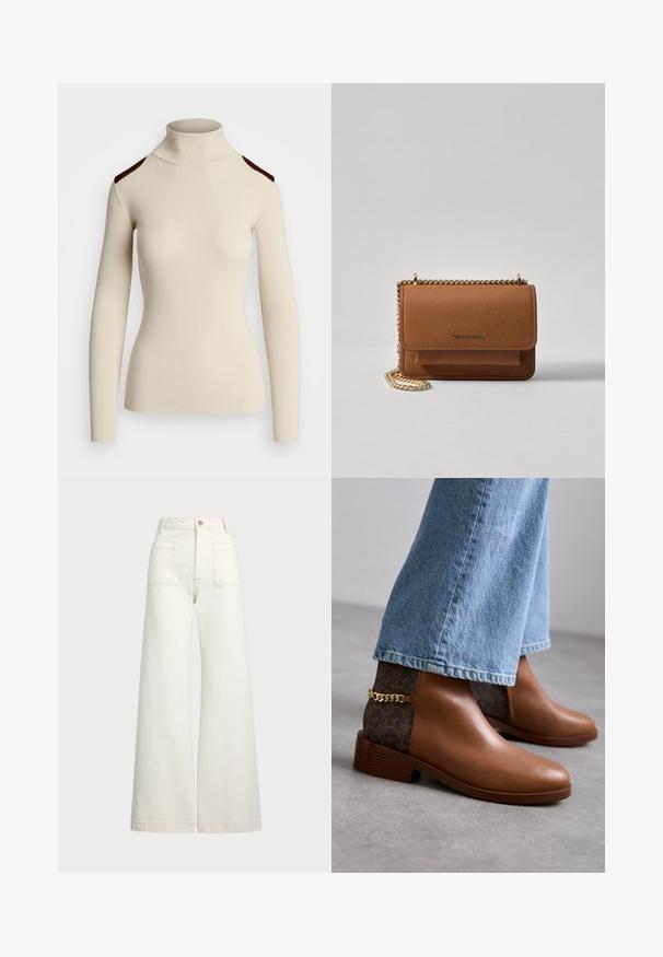 Pull à col roulé crème côtelé avec des manches longues et des accents d'épaules marron foncé. Design ajusté qui met en valeur la silhouette et la texture du corps.; Jeans large en denim écru. Design taille haute avec une fermeture à bouton, deux poches avant et des détails de surpiqûres contrastantes.; Bottines en cuir marron avec une finition lisse, présentant un panneau latéral à motifs marron foncé et un accent de chaîne dorée sur le talon.; Sac en cuir texturé marron en bandoulière avec une sangle en chaîne dorée et une fermeture à rabat. L'avant présente un détail de logo et une poche sous le rabat.