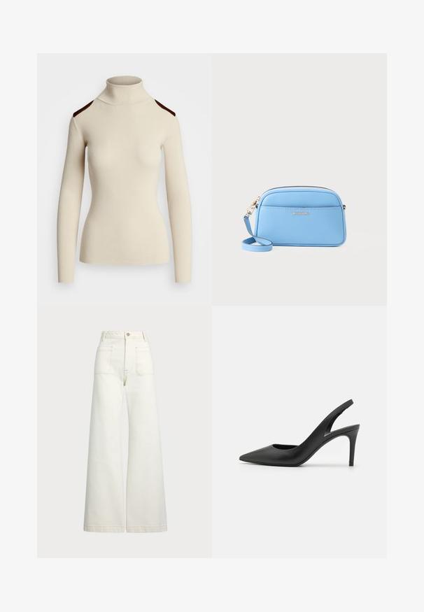 Ribota krēma krāsa augstā apkakle džemperis ar garām piedurknēm un tumši brūniem plecu akcentiem. Pieguļošs dizains izceļ ķermeņa formu un tekstūru.; Platās kājas džinsi off-white denima. Augsta jostasvieta ar pogu aizdari, divas priekšējās kabatas un kontrastējošas šuvju detaļas.; Melnas ādas sūkņu kurpes ar augstiem papēžiem un norādītu pirkstu dizainu, ar izgriezumu priekšā un plānu stiletto papēdi.; Gaiši zila ādas plecu soma ar zeltītām detaļām, ar rāvējslēdzēju un priekšējo kabatu. Iespējams regulēt siksnu, lai nodrošinātu ērtību.