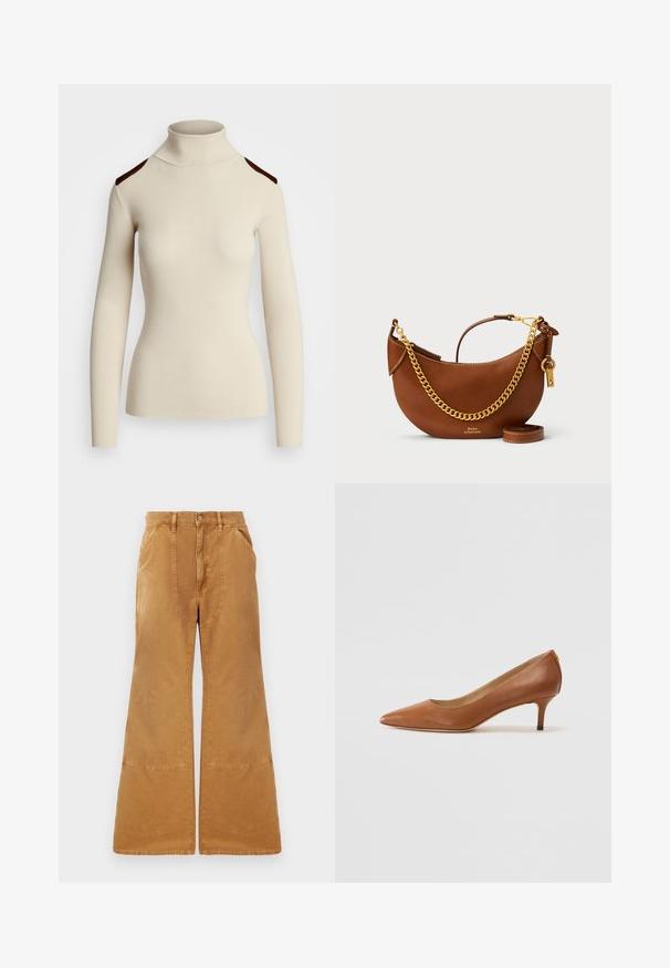 Ribakujuline koorene kõrge kaelusega sviiter pikkade varrukatega ja tumedate pruunide õlavarre aktsentidega. Keha liigendi ja tekstuuri rõhutav ja sobiv disain.; Kohviku värvi laiad puuvillased püksid, millel on tekstuuriga pind, esipocketid, nööbi kinnitamine ja ainulaadne õmblemise disain.; Lauren Ralph Lauren ADRIENNE - Klassikalised kontsakingad - deep saddle tan; Pruun nahast käekott kaarjate joontega, kullast ketirihm, sisemine tasku ja eemaldatav õlarihm. Omab kontrastset õmblust.