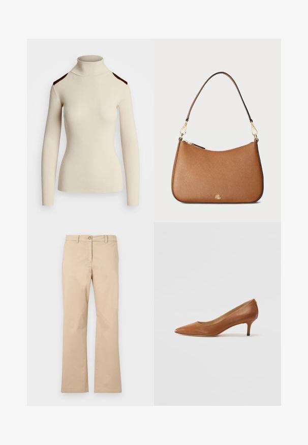 Pulover crem cu gât înalt, cu mâneci lungi și accente de umăr de culoare maro închis. Designul ajustat subliniază forma și textura corpului.; Pantaloni din bumbac bej cu un design dreaptă, având închidere cu nasture și bucle pentru curea, textură netedă și fără modele sau accente vizibile.; Lauren Ralph Lauren ADRIENNE - Pantofi clasici cu toc - deep saddle tan; Geantă de umăr din piele texturată de culoare maro, cu o formă curbată, hardware de culoare aurie și un singur umăr. Include un închidere cu fermoar și detalii cu logo.