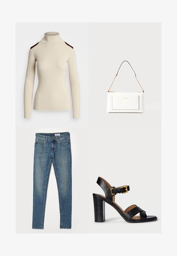 Rebrasti kremasti pulover s visokim ovratnikom, dugim rukavima i tamnosmešnim naglascima na ramenima. Usklađen dizajn ističe oblik i teksturu tijela.; Uske traperice u svijetloplavom denimu. Ima pet džepova, patentni zatvarač i kontrastno žutu šavnu obrubu na šavovima i džepovima.; Crne kožne sandale s potpeticom s dizajnom s križanjem trakama i kopčanjem. Imaju debelu potpeticu i glatku teksturu.; Bijela kožna torba s teksturiranim završetkom, koja ima zlatni lančić i crne akcentne detalje. Uključuje prednji džep i zatvaranje na patentni zatvarač.