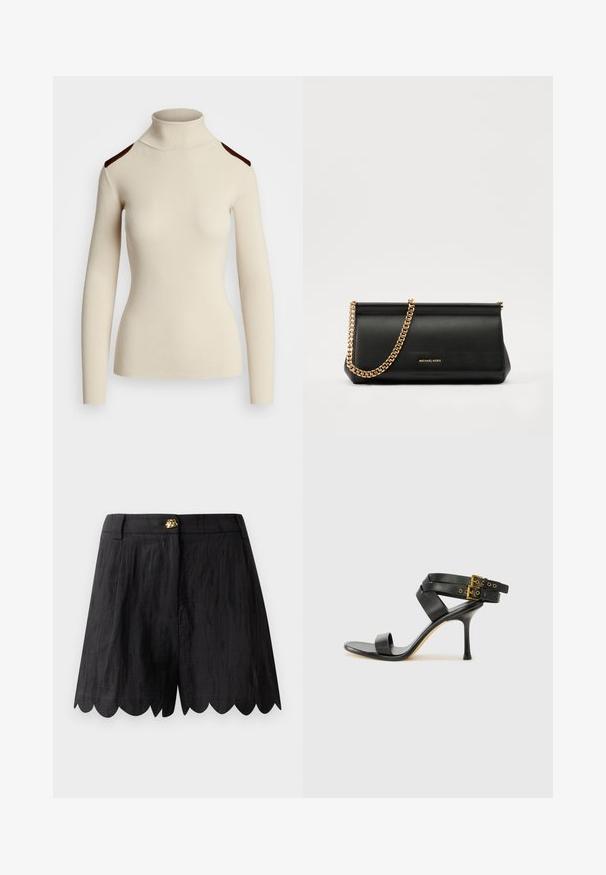 Ribota kreminė golfo megzta su ilgomis rankovėmis ir tamsiai ruda pečių akcentais. Prigludęs dizainas pabrėžia kūno formą ir tekstūrą.; Juodi džinsai su tekstūruotu paviršiumi, su banginiu kraštu, juosmeniu ir aukso detalėmis priekyje.; Juodi kulniškų sandalai su kryžminėmis juostelėmis ir reguliuojamu sagtimi. Ypatybė – lygus paviršius ir siauras smailas kulnas.; Juodas odinis delninukas su auksine grandine, turintis lygų paviršių, stačiakampį išmatavimą ir įspaustą prekės ženklą priekyje.