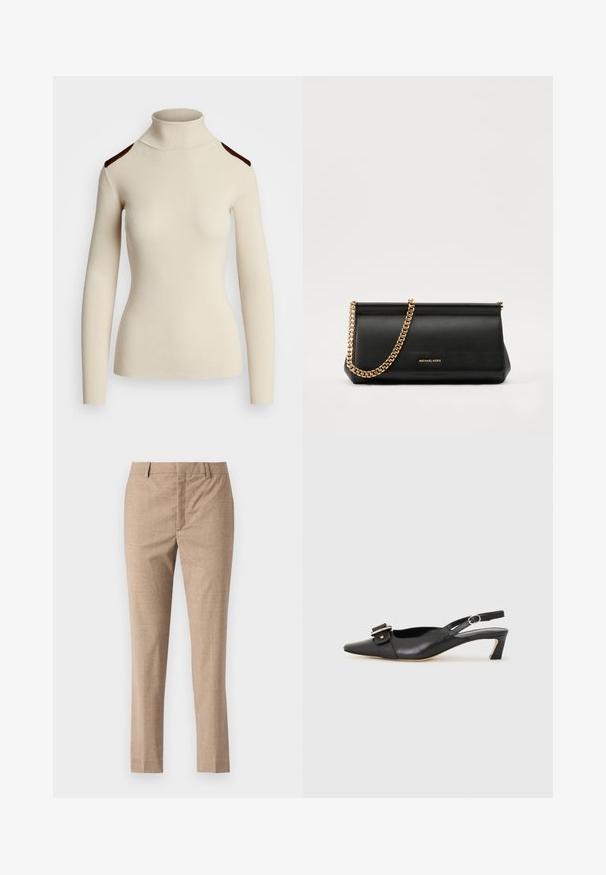 Ribbet krem turtleneck genser med lange ermer og mørkebrune skulderdetaljer. Figursydd design fremhever kroppens form og tekstur.; Beige skreddersydde bukser med en glatt tekstur, rette ben og glidelås. Har front lommer og et subtilt fiskebensmønster.; Svarte skinn slingback-sko med spiss tå, liten hæl og dekorativ spenne-detalj på overdelen. Glatt tekstur, minimalistisk design.; Svart skinnkuvertveske med en gullkjede-rem, med en glatt tekstur, rektangulær form og preget merkevare på forsiden.