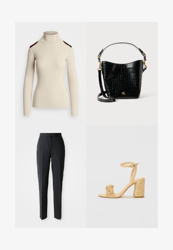 Rebrovaný krémový rolák s dlhými rukávmi a tmavohnedými akcentmi na pleciach. Priliehavý dizajn zvýrazňuje tvar a textúru tela.; Čierne nohavice so strihom rovného nohu a vysokým pásom, s prednými záhybmi, vystavené na jednoduchom svetlom pozadí.; Béžové sandále na vysokom podpätku s opletenou textúrou, ozdobené kvetinou a popruhom na členku. Štvorcová päta zvyšuje stabilitu.; Čierna kabelka z kože s embosovaným hadím vzorom, zakriveného tvaru, so zlatými kovovými doplnkami, nastaviteľným popruhom a detailom loga na prednej strane.