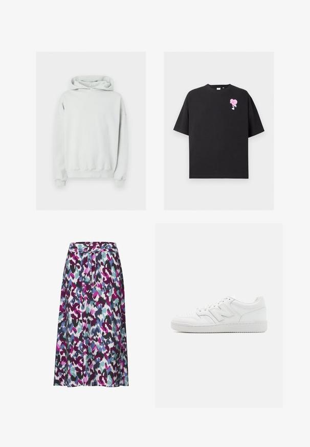 Hellgrauer Hoodie aus weichem Stoff, mit einer vorderen Kängurutasche, gerippten Bündchen und einem lockeren Sitz mit Kapuze und Kordelzug.; Schwarzes T-Shirt aus Baumwolle, mit einem pinken Herzgrafik mit Beinen im linken Brustbereich. Kurze Ärmel und ein lässiger Schnitt.; Ein knielanger Rock mit einem bunten abstrakten Muster in den Farbtönen Lila, Türkis und Schwarz. Hergestellt aus leichtem, strukturiertem Stoff.; Weiße Sneaker aus glattem Leder, mit perforierter Zehenpartie, einer strukturierten Gummisohle, flachen Schnürsenkeln und einem auffälligen 'N'-Logo an der Seite.