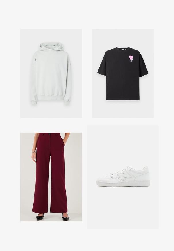 Lys grå hættebluse, lavet af blød stof, med en frontkangaroo-lomme, ribbede manchetter og en afslappet pasform med snørehætte.; Sort T-shirt lavet af bomuld, med et pink hjertegrafik med ben på venstre brystområde. Korte ærmer og afslappet pasform.; Bordeaux breddebenede bukser lavet af glat stof med høj talje, der har en frontlukning med knap og sidelommer. Sættes sammen med sorte hæle.; Hvide sneakers lavet af glat læder, med perforeret tå, en tekstureret gummisål, flade snørebånd og et fremtrædende 'N' logo på siden.