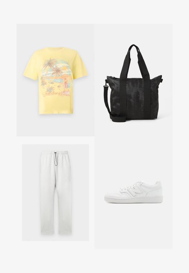 Šviesiai pilka bliuzonas, pagamintas iš minkštos medžiagos, su priekinėmis kengūros kišenėmis, raukinėtais rankovėmis ir laisvu kirpimu su reguliuojamu kapisonu.; Geltona medvilninė marškinėliai su tropiniu paplūdimio peizažu, palmėmis, saulėlydžiu ir hula šokėjos iliustracija. "Billabong" rašysena.; Šviesiai pilki sportiniai džinsai, pagaminti iš minkštos medžiagos, su elastinga juosmens juosta ir juodu raišteliu, tiesaus iškirpimo dizainu. Kišenių nėra.; Balti sportbačiai, pagaminti iš lygaus odos, su perforuota nosimi, tekstūruotu guminiais padais, plokščiomis raištelėmis ir ryškiu 'N' logotipu šone.; Juodas pirkinių krepšys su tekstūruotu audiniu, dviem viršutinėmis rankenomis ir nuimamu petiniu diržu. Yra užtrauktuku uždaroma kišenė saugiam daiktų laikymui.