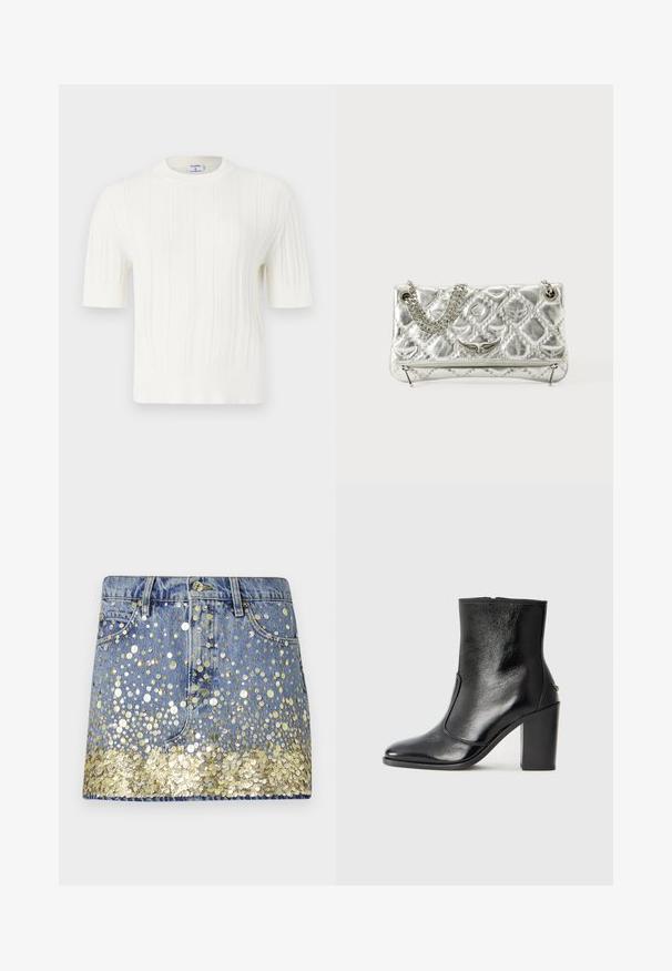 Valkoinen neulehihainen lyhythihainen neulepaita, jossa on pystysuoraa ribbiä ja pyöreä pääntie. Valmistettu pehmeästä kankaasta, jossa on teksturoitu pinta.; Koncepy denim yang menampilkan warna biru pudar, dihiasi dengan payet emas di bagian tepi, menciptakan efek gradasi. Desain lima saku dengan penutup kancing.; Mustat nahka ankle bootit, joissa on sileä pinta, terävä kärki ja paksu korkea korko. Sivusaumassa on avaus ja muuten yksinkertainen muotoilu.; Hope penkki, jossa on metallinhohtoinen pinta, ketjuhandle, tikattu tekstuuri, koristeelliset ompeleet ja vetoketjukiinnitys. Edessä on kohokuvioituja koristeita.