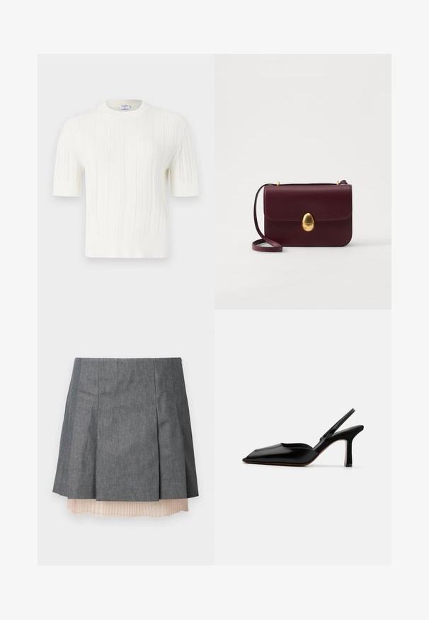 Pulover alb tricotat cu mânecă scurtă, având tivuri verticale și guler rotund. Fabricat dintr-un material moale, cu un finisaj texturat.; Fustă plisată gri cu un finisaj texturat, având o subțire plisată semi-transparentă de culoare roz deschis și închidere cu fermoar pe lateral.; Sandale din piele neagră cu toc, cu vârf ascuțit, design minimalist, curea subțire la gleznă și toc subțire elegant. Textură netedă.; Geantă din piele burgundă, tip crossbody, cu o textură netedă, închidere ovală din aur și o curea ajustabilă, având o formă rectangulară simplă.