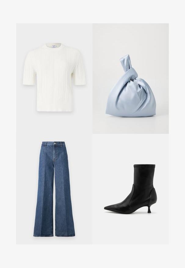 Valge õmmeldud lühikeste varrukatega kampsun, millel on vertikaalne ribakujundus ja ümmargune kaelus. Valmistatud pehmest kangast, millel on tekstuuriline viimistlus.; Laiad sinised denimpüksid kõrge vöökohtusega, klassikalise viie taskuga ja nööpkinni, valmistatud tekstureeritud puuvillakangast.; Must musta ankle'iga saabas, millel on kitsenev siluett, elastne ülemine osa ja lühike, õhuke konts. Sile tekstuur ja minimaalne õmblemise detail.; Nanushka JEN - Käekott - ice blue