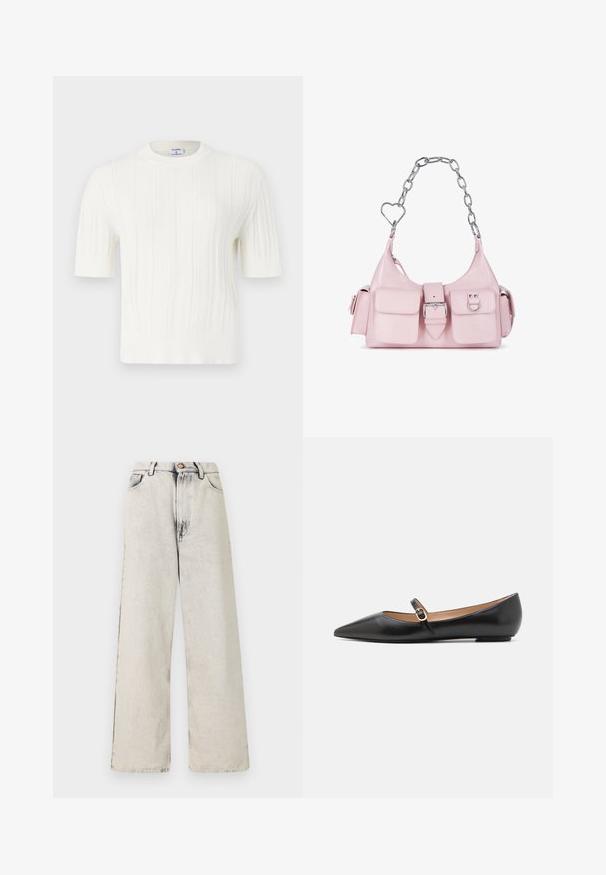 Λευκό κοντομάνικο πουλόβερ πλεκτό, με κατακόρυφες ραφές και στρογγυλή λαιμόκοψη. Φτιαγμένο από μαλακό ύφασμα με υφή.; Φαρδιά τζιν σε ανοιχτό μπεζ χρώμα με ξεθωριασμένες, φθαρμένες λεπτομέρειες. Διαθέτει πέντε τσέπες και μεταλλικό κούμπωμα στη μέση.; Μαύρα δερμάτινα μπαλαρίνας με μυτερή μύτη και πλαϊνό λουράκι που διαθέτει κυκλική χρυσή λεπτομέρεια. Ελαφριά με επίπεδη σόλα.; Ροζ ψεύτικη δερμάτινη τσάντα χειρός με ασημένια αλυσίδα, καρδιά σε σχήμα λεπτομερειών, μπροστινός κούμπωμα και δύο μικρές τσέπες μπροστά.
