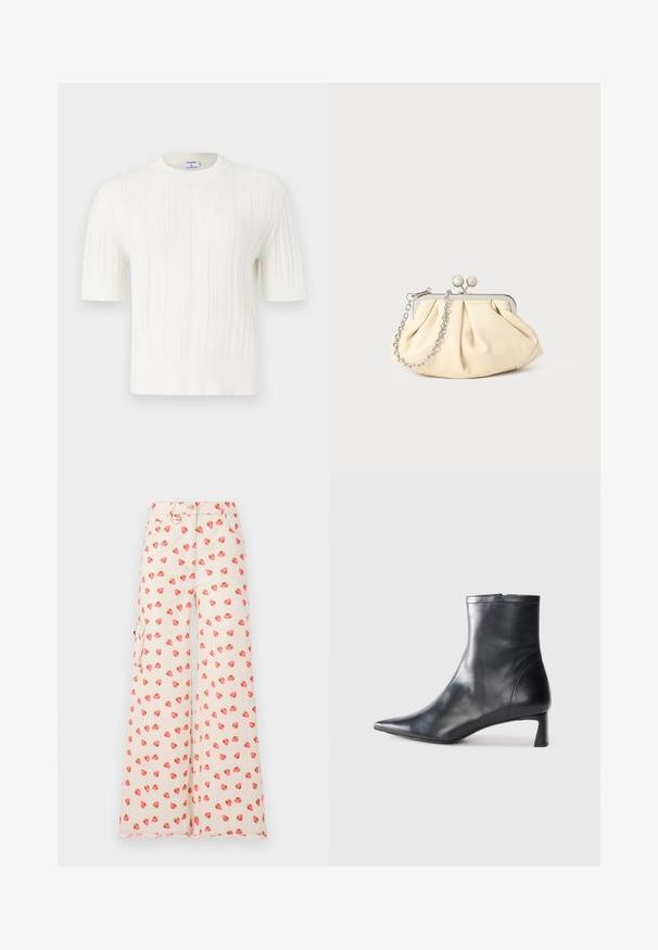 Baltas megztas trumpomis rankovėmis džemperis, turintis vertikalių raukšlių ir apvalią iškirptę. Pagamintas iš minkštos medžiagos su tekstūruotu paviršiumi.; Platų kojų kelnės, pagamintos iš smėlio spalvos audinio, su raudonai žaliais braškių raštais. Priedai - šoninės kišenės ir nutrintas apvadas.; Juodas odinis kulkšninis batas su smailiu pirštu ir elegantišku dizainu. Turi žemą kulną ir užtrauktuką gale. Lygi tekstūra.; Plyšiniai smėlio spalvos odiniai rankinukai su sidabriniu metaliniu rėmu, turintys du apvalius dekoratyvinius užtrauktukus ir sidabrinę grandinėlę.