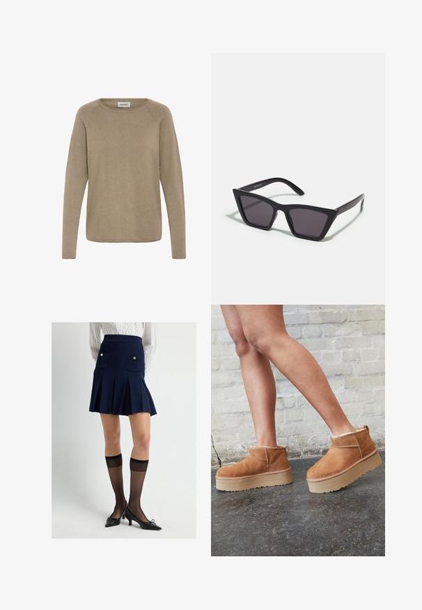 Lichtbruine langemouwtrui van zacht materiaal, met een ronde hals en ribbelstructuur. Eenvoudig, ongecompliceerd ontwerp.; Marineblauwe plooibroek met twee voorzakken en gouden knopen als accent, gecombineerd met doorzichtige zwarte kniekousen en zwarte puntige hakken.; Bruine suède enkelboots met een zachte voering, dikke beige plateauzool en een achterste lus. Getextureerde oppervlakte met zichtbare stiksels.; Zwarte, hoekige zonnebril met grijze lenzen; gemaakt van plastic, met dikke armen met een gladde oppervlakte en zonder zichtbare hardware.; United Colors of Benetton WITH CABLE - Sjaal - white; Bruin suède hobo tas met een gebogen, brede handgreep en een grote opening. Zachte textuur met zichtbare stiksels langs de randen.