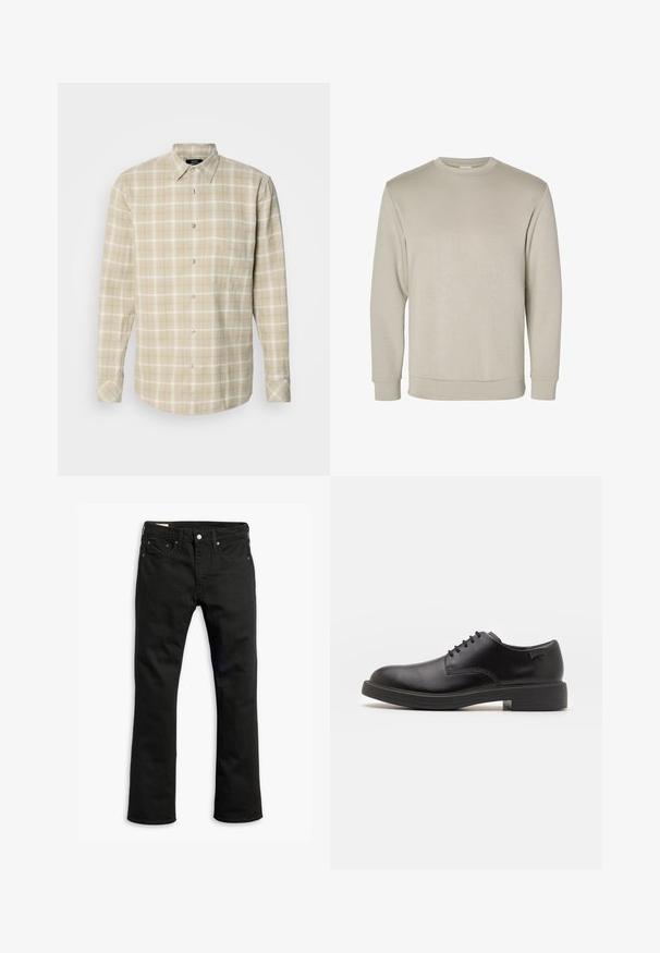 Felpa beige a maniche lunghe con colletto tondo, realizzata in materiale morbido, con polsini e orlo a coste, dalla texture liscia e dal design minimalista.; Mads Nørgaard ALASKA CHECK SUNE SHIRT - Camicia - vanilla ice/silver sage; Jeans in denim nero con design a gamba dritta, cinque tasche, chiusura con bottone metallico e dettagli di cucitura sottili. Tessuto liscio e colore solido.; Scarpa nera in pelle con lacci, punta tonda, texture liscia, cuciture minime e tacco in gomma basso. Logo sul tacco.