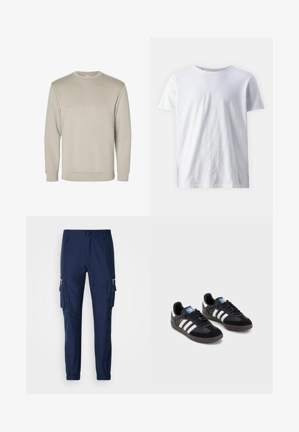 Bežová mikina s dlhým rukávom a okrúhlym výstrihom, vyrobená z mäkkého materiálu, s rebrovanými manžetami a lemom, s hladkou textúrou a minimalistickým dizajnom.; Biela krátkozranná tričko z ľahkého materiálu. Hladký okrúhly dekolt bez viditeľných vzorov alebo akcentov.; Námorné cargo nohavice vyrobené z ľahkej tkaniny, s bočnými vreckami, elastickými manžetami a detailom s uzatváracím vreckom.; Čierne tenisky so zvrškom z semišu a syntetického materiálu, s tromi bielymi pruhmi, štruktúrovanou gumovou podrážkou a modrou logovou etiketou na jazyku.